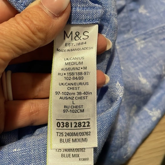 M & S Collection Men’s Linen Button Up Shirt Light Blue Palm Tree Print Size M - Picture 10 of 12